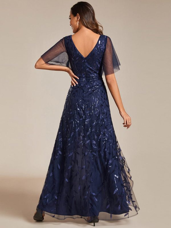Sparkling Mesh High-Low V-Neck Midi Evening Gown With Short Sleeves - Image 24