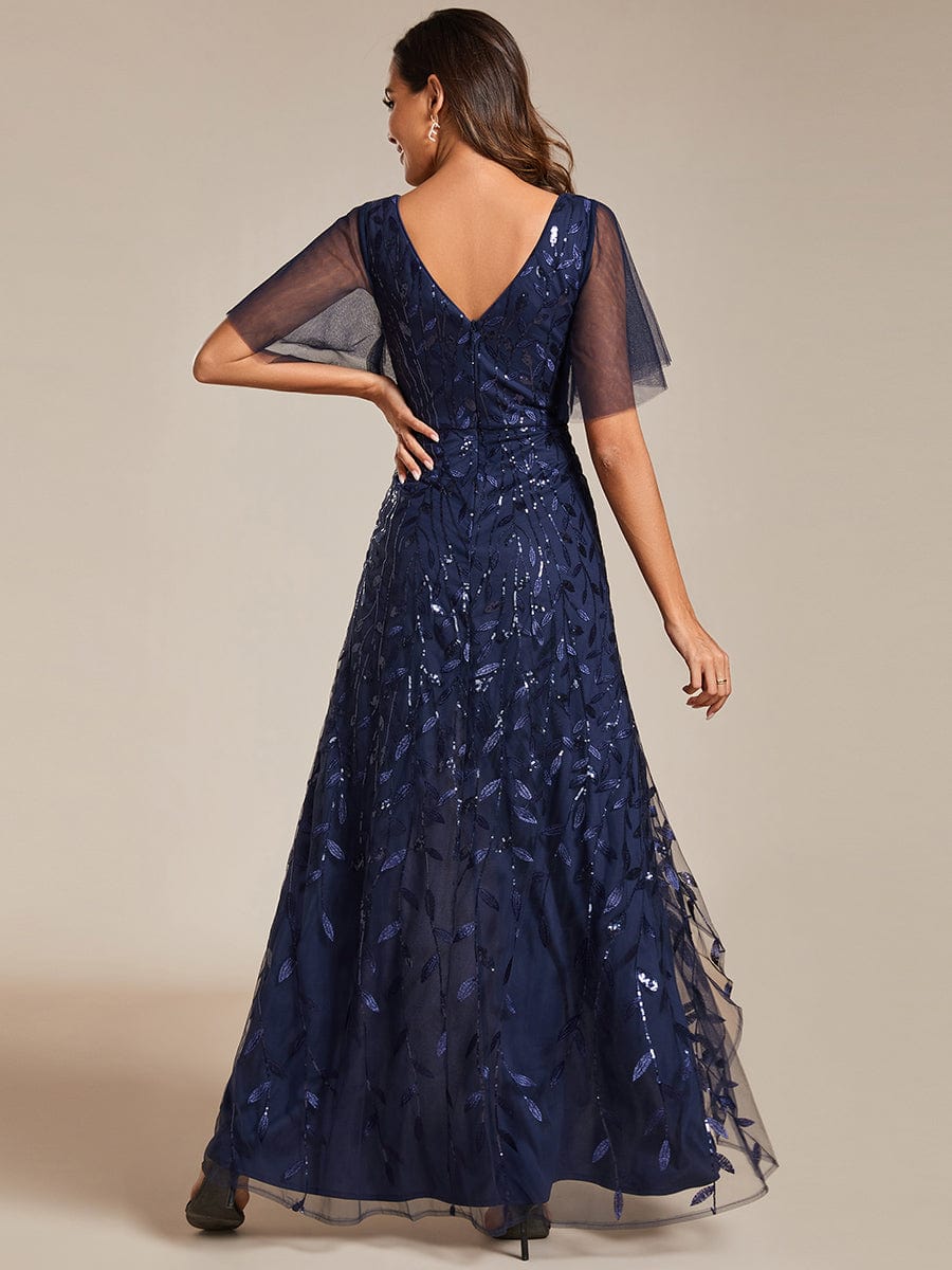 Sparkling Mesh High-Low V-Neck Midi Evening Gown With Short Sleeves - Image 24