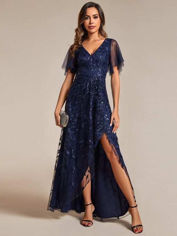 Sparkling Mesh High-Low V-Neck Midi Evening Gown With Short Sleeves - Image 26