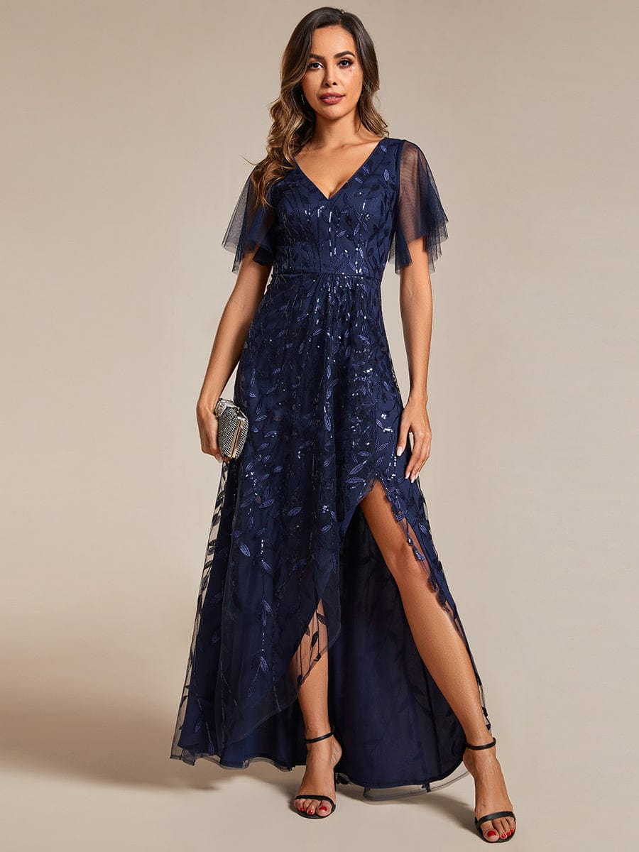 Sparkling Mesh High-Low V-Neck Midi Evening Gown With Short Sleeves - Image 26