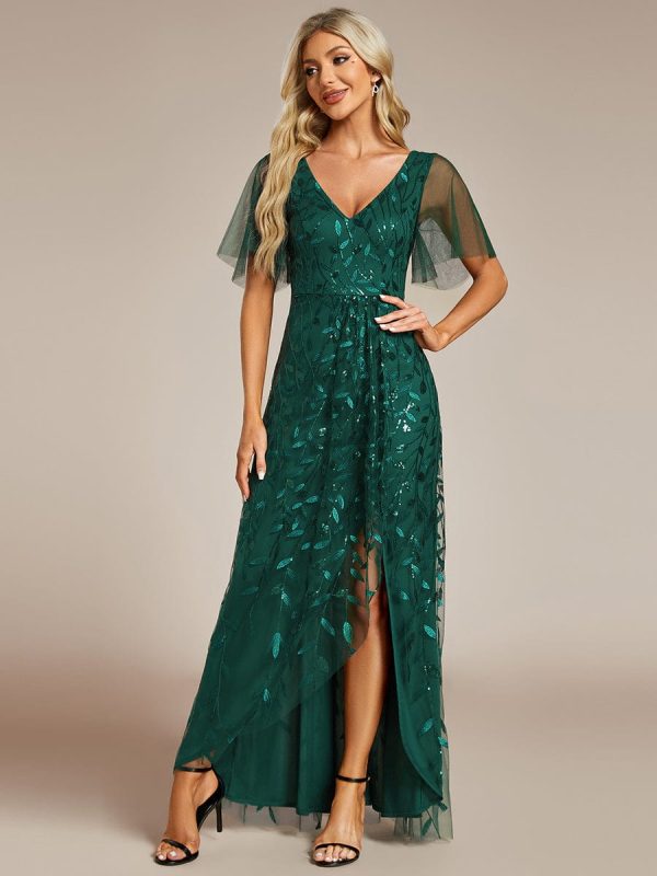 Sparkling Mesh High-Low V-Neck Midi Evening Gown With Short Sleeves - Image 25