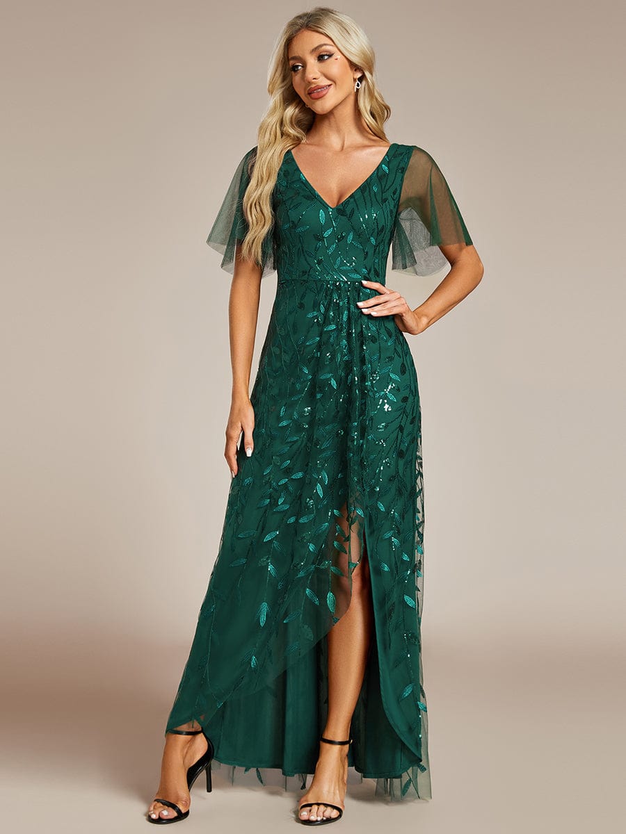 Sparkling Mesh High-Low V-Neck Midi Evening Gown With Short Sleeves - Image 25