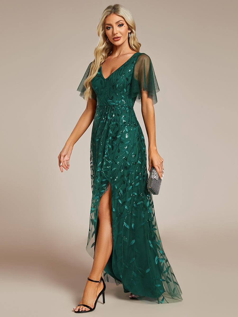 Sparkling Mesh High-Low V-Neck Midi Evening Gown With Short Sleeves - Image 27