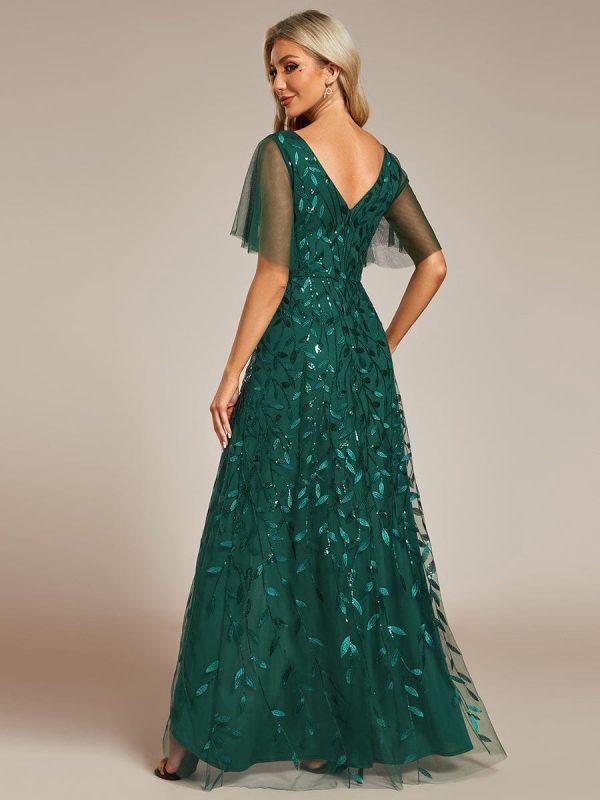 Sparkling Mesh High-Low V-Neck Midi Evening Gown With Short Sleeves - Image 29