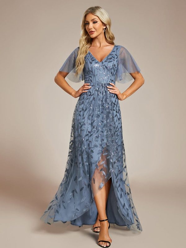 Sparkling Mesh High-Low V-Neck Midi Evening Gown With Short Sleeves - Image 31