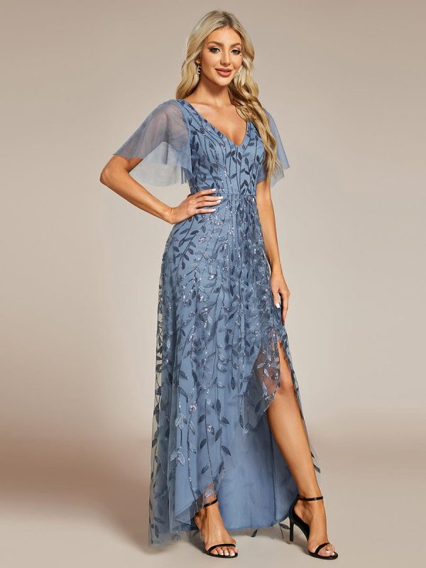 Sparkling Mesh High-Low V-Neck Midi Evening Gown With Short Sleeves - Image 33