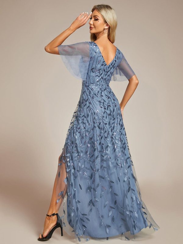 Sparkling Mesh High-Low V-Neck Midi Evening Gown With Short Sleeves - Image 35