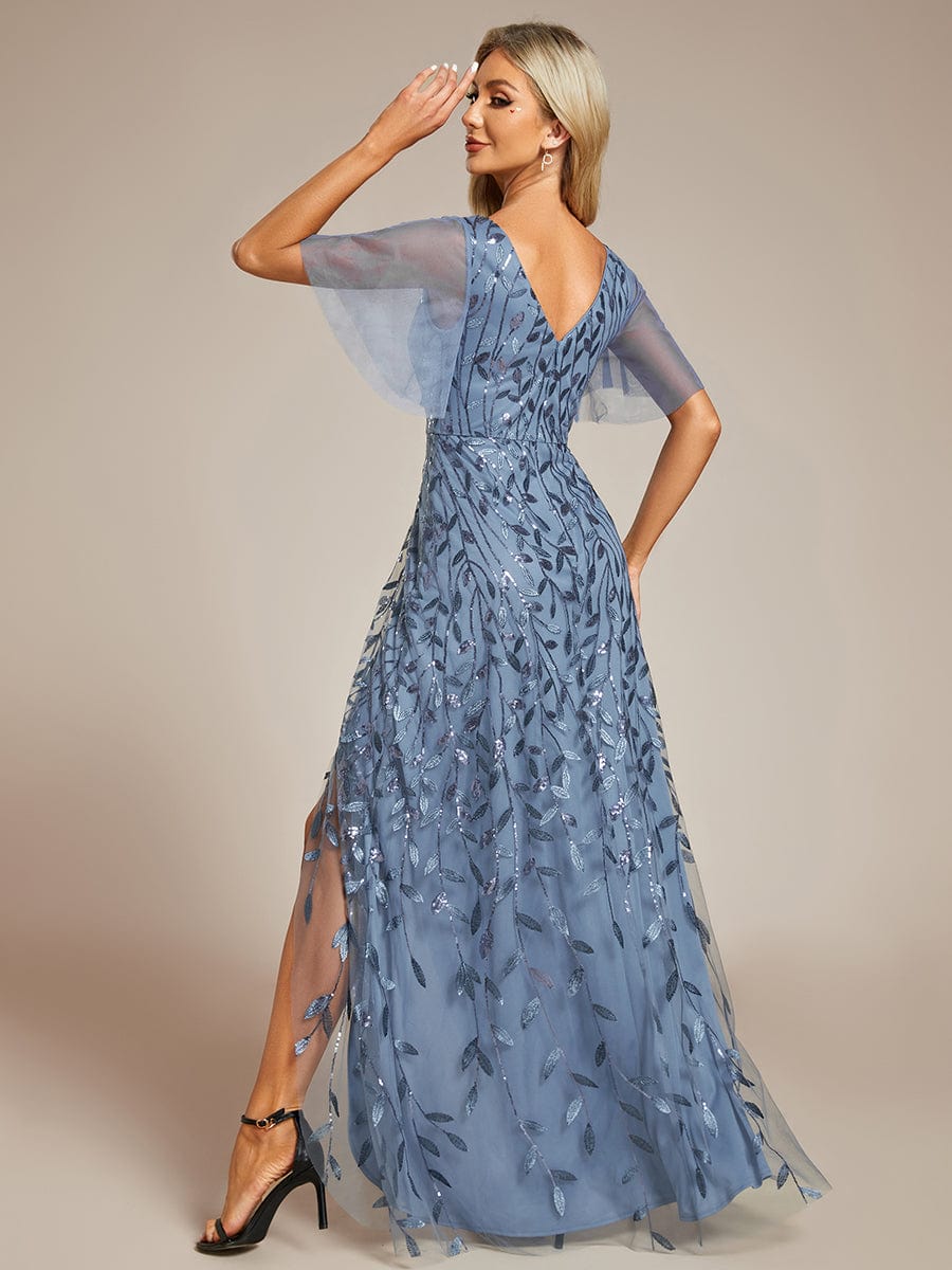 Sparkling Mesh High-Low V-Neck Midi Evening Gown With Short Sleeves - Image 35