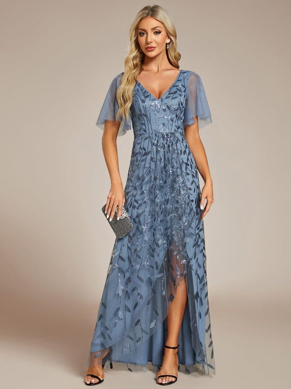 Sparkling Mesh High-Low V-Neck Midi Evening Gown With Short Sleeves - Image 34