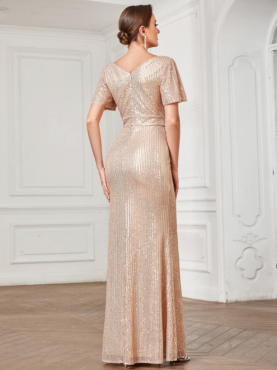 Sparkling V Neck A Line Short Ruffles Sleeve Party Gown - Image 2