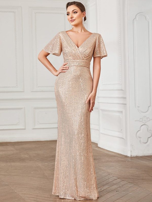 Sparkling V Neck A Line Short Ruffles Sleeve Party Gown - Image 4