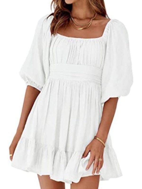 Square Neck Lantern Sleeve Tie Backless Ruffle A-Line Casual Mini Dress - Image 8