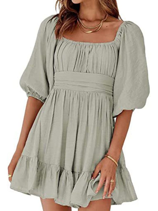 Square Neck Lantern Sleeve Tie Backless Ruffle A-Line Casual Mini Dress - Image 2