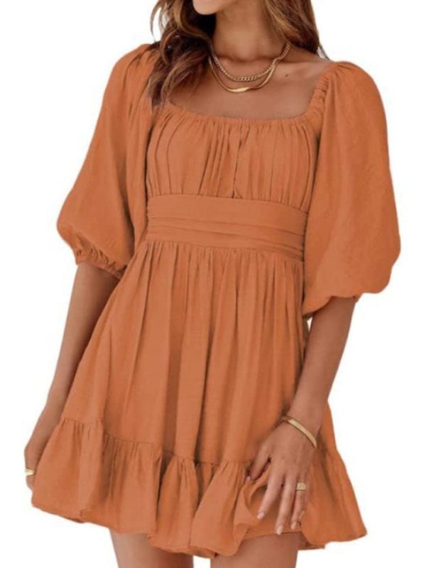 Square Neck Lantern Sleeve Tie Backless Ruffle A-Line Casual Mini Dress - Image 10