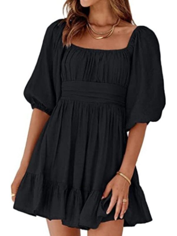 Square Neck Lantern Sleeve Tie Backless Ruffle A-Line Casual Mini Dress - Image 4