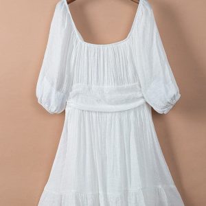 Square Neck Lantern Sleeve Tie Backless Ruffle A-Line Casual Mini Dress