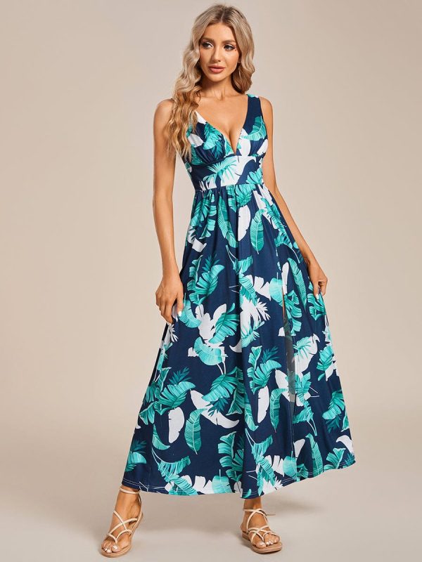 Tea Length Printed Evening Dress with Side Split and Belt - Image 8