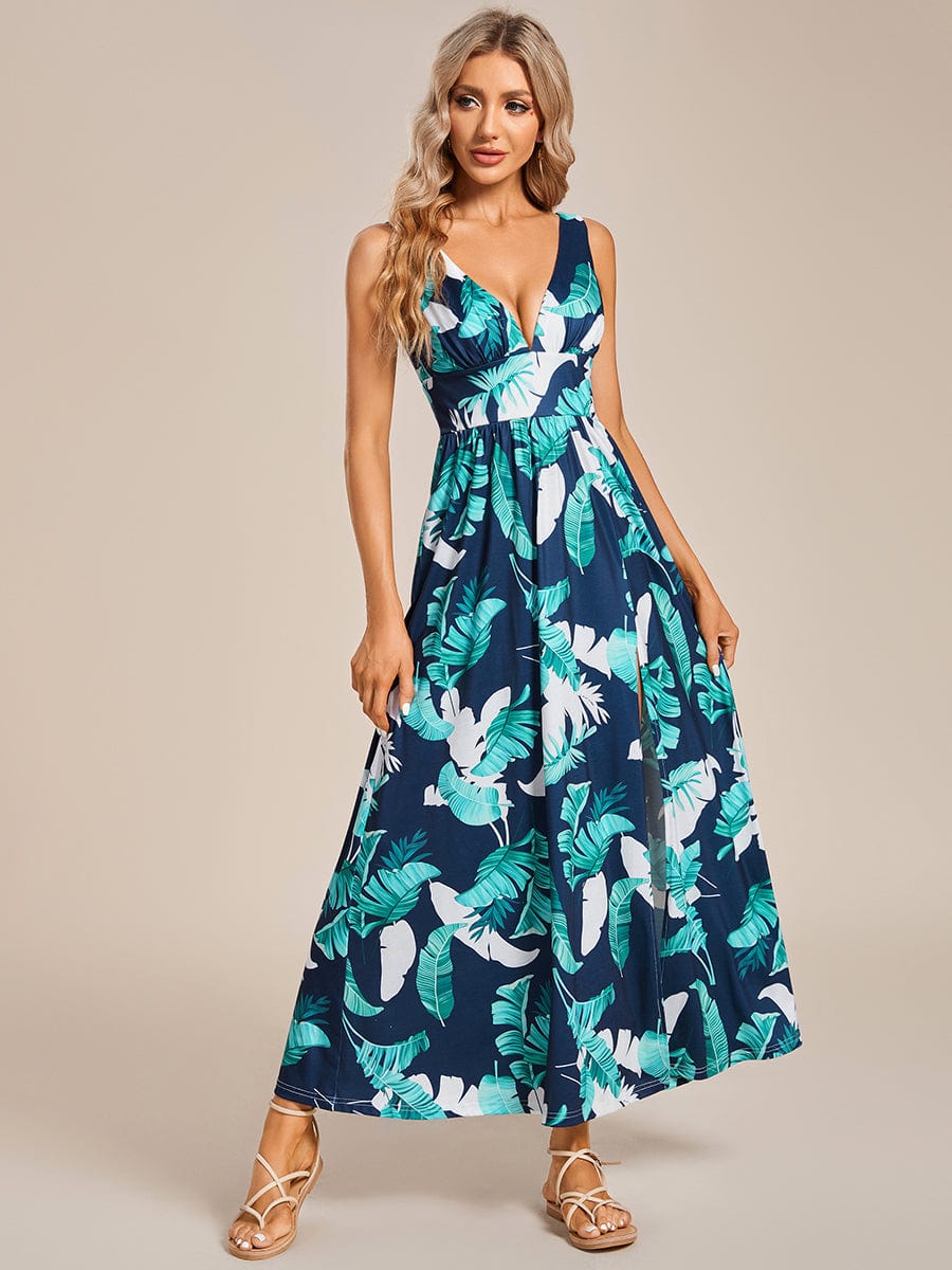 Tea Length Printed Evening Dress with Side Split and Belt - Image 8