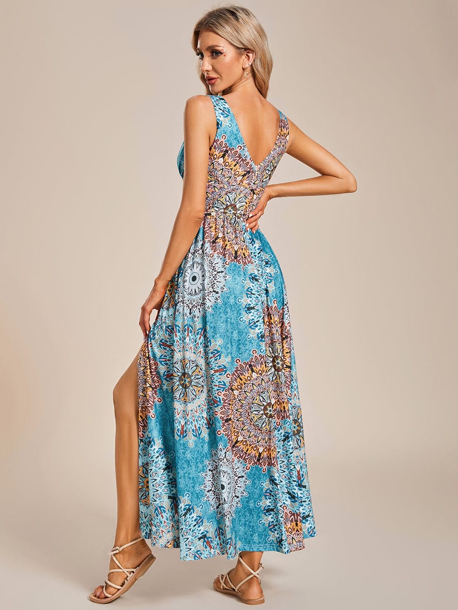 Tea Length Printed Evening Dress with Side Split and Belt - Image 3