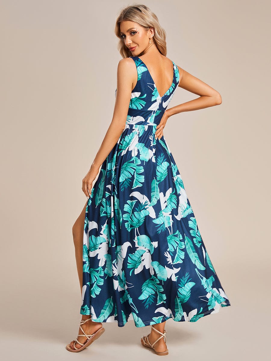 Tea Length Printed Evening Dress with Side Split and Belt - Image 7