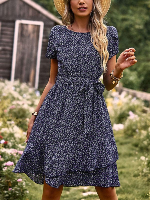 Temperament Floral Casual Strap Waist Round Neck Mini Dress - Image 54
