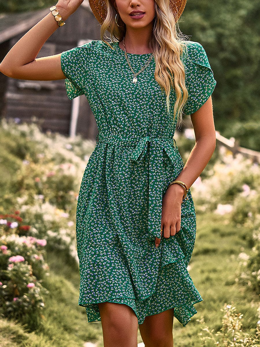 Temperament Floral Casual Strap Waist Round Neck Mini Dress - Image 56