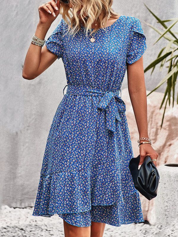 Temperament Floral Casual Strap Waist Round Neck Mini Dress - Image 53