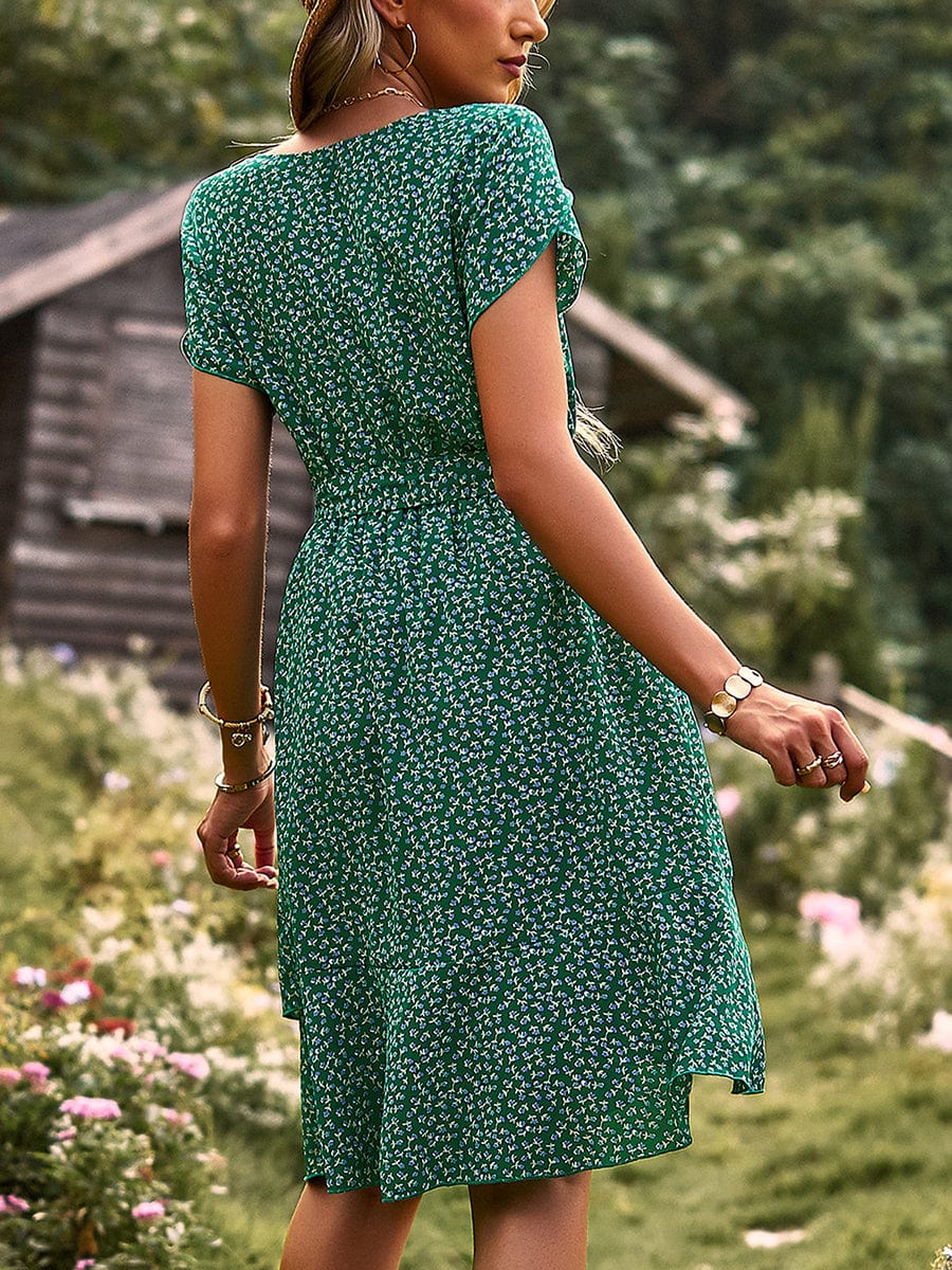 Temperament Floral Casual Strap Waist Round Neck Mini Dress - Image 39