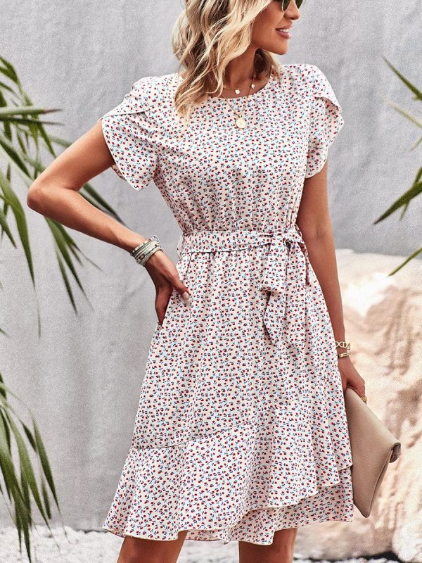Temperament Floral Casual Strap Waist Round Neck Mini Dress - Image 12