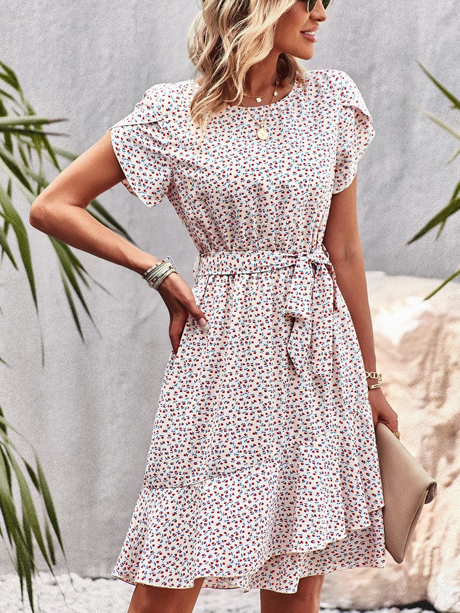 Temperament Floral Casual Strap Waist Round Neck Mini Dress - Image 12
