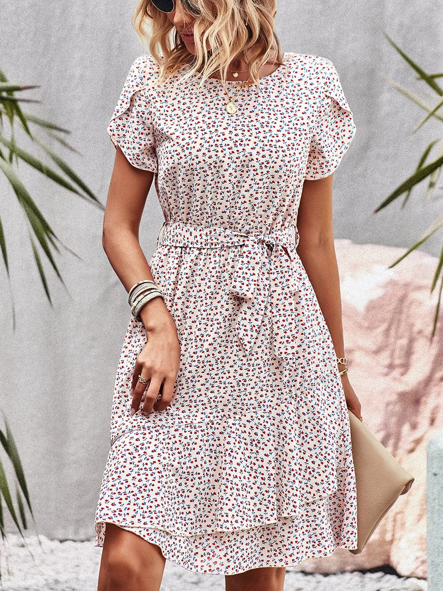 Temperament Floral Casual Strap Waist Round Neck Mini Dress - Image 14