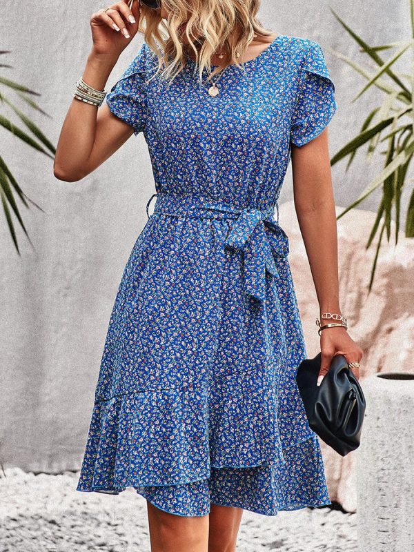 Temperament Floral Casual Strap Waist Round Neck Mini Dress - Image 24