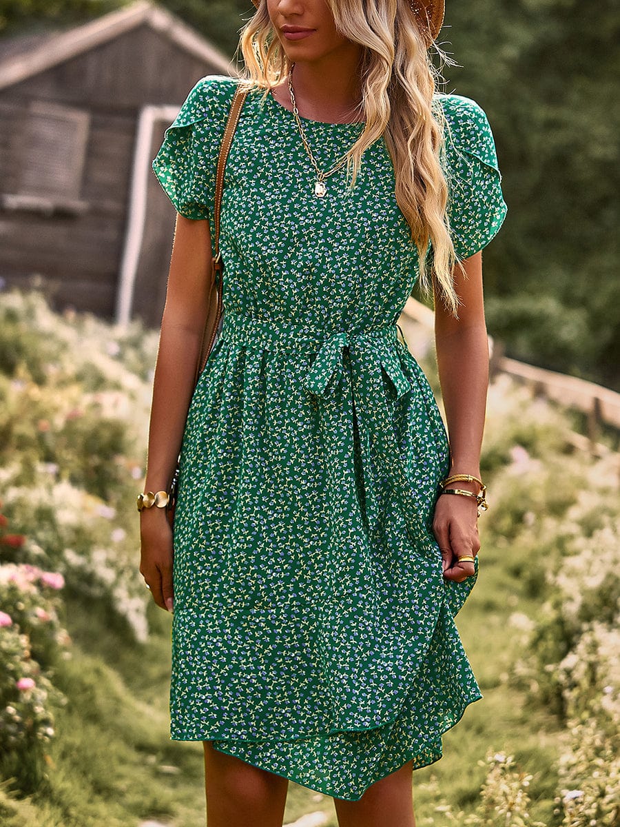 Temperament Floral Casual Strap Waist Round Neck Mini Dress - Image 41