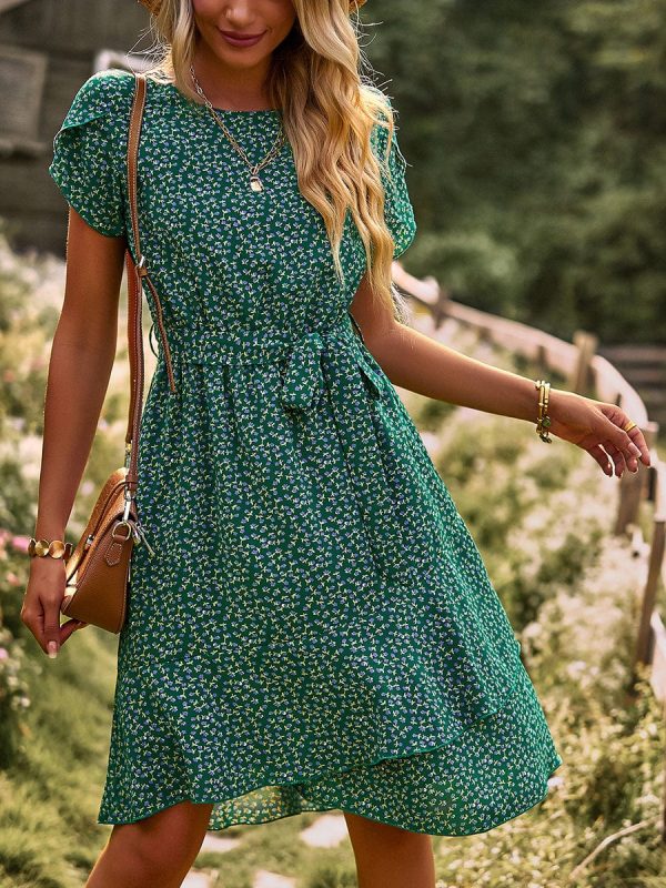 Temperament Floral Casual Strap Waist Round Neck Mini Dress - Image 44