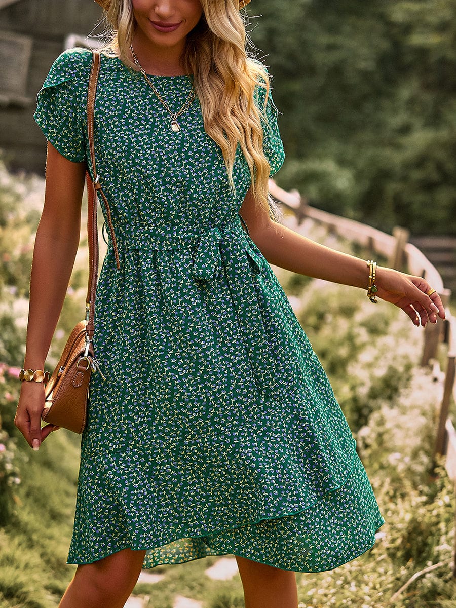 Temperament Floral Casual Strap Waist Round Neck Mini Dress - Image 44