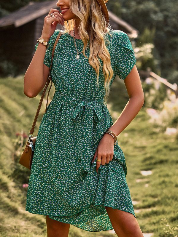 Temperament Floral Casual Strap Waist Round Neck Mini Dress - Image 42