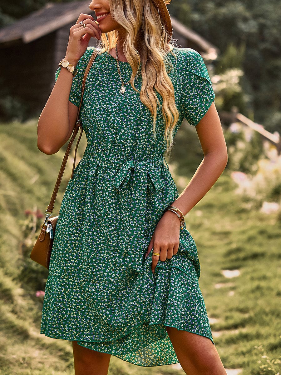 Temperament Floral Casual Strap Waist Round Neck Mini Dress - Image 42