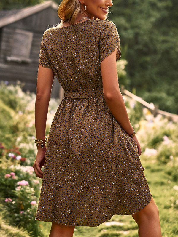 Temperament Floral Casual Strap Waist Round Neck Mini Dress - Image 46