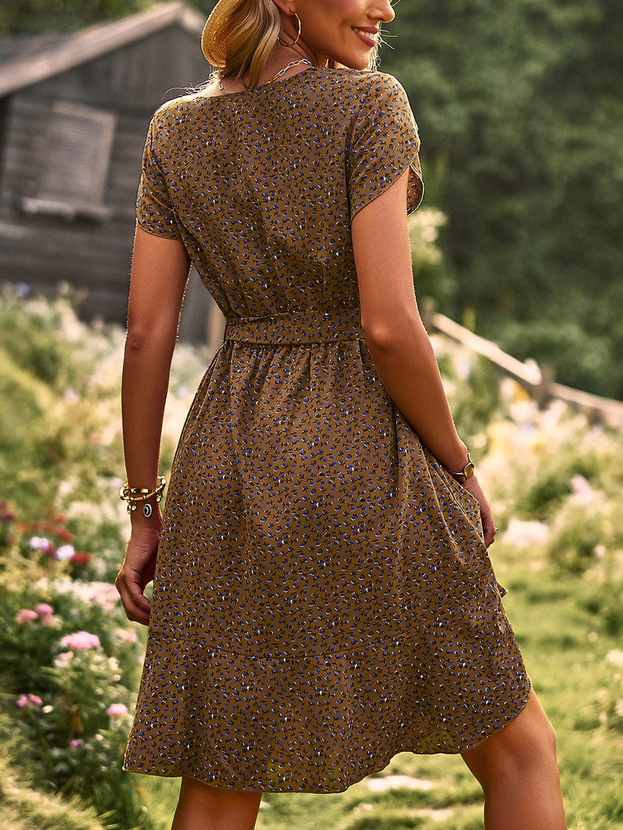 Temperament Floral Casual Strap Waist Round Neck Mini Dress - Image 46