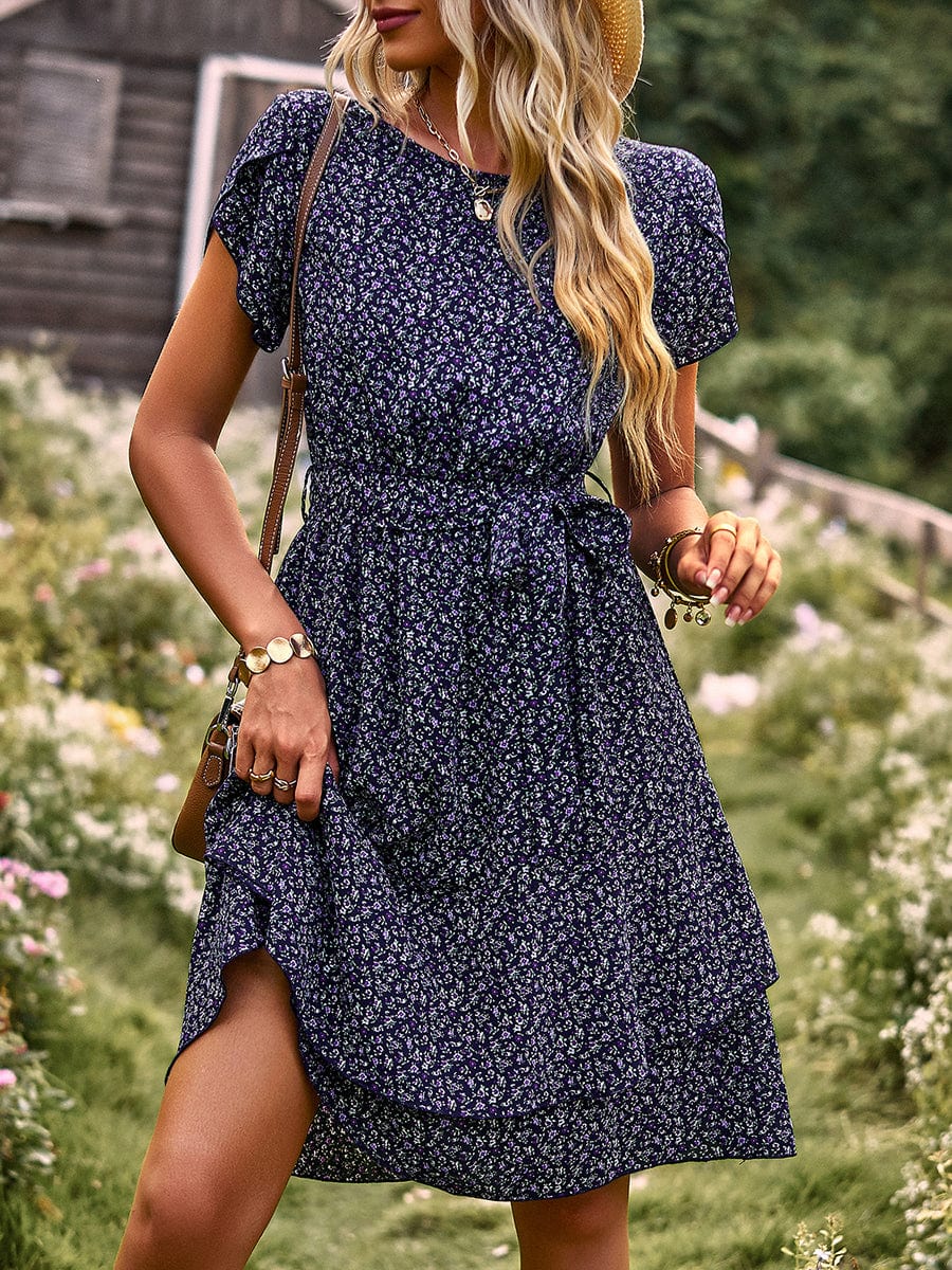 Temperament Floral Casual Strap Waist Round Neck Mini Dress - Image 38