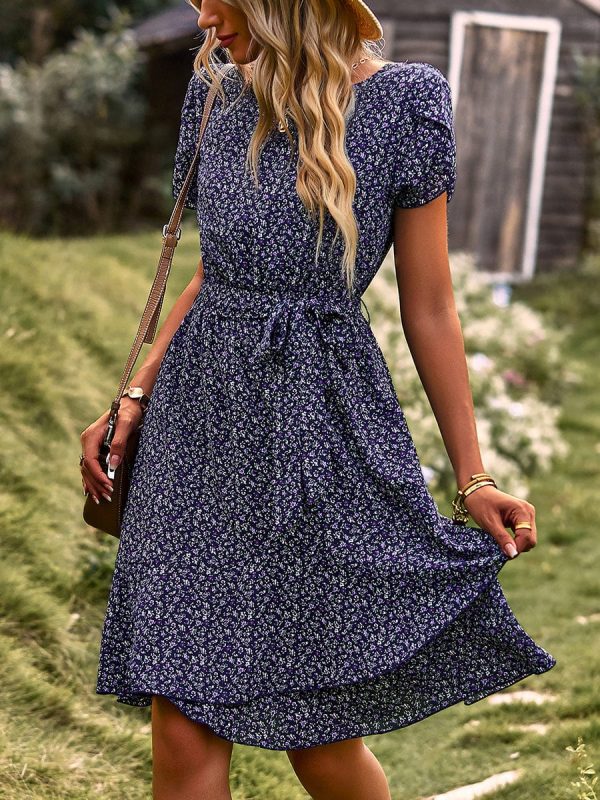 Temperament Floral Casual Strap Waist Round Neck Mini Dress - Image 37