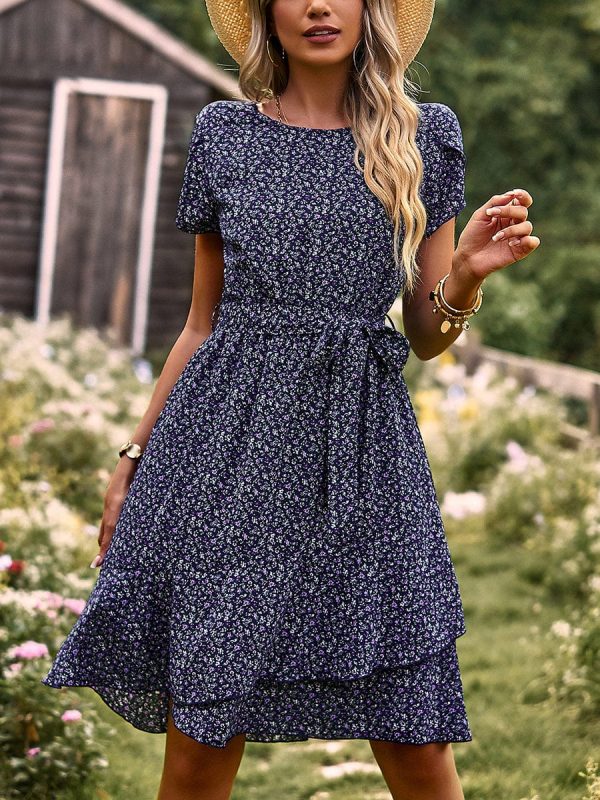 Temperament Floral Casual Strap Waist Round Neck Mini Dress - Image 35