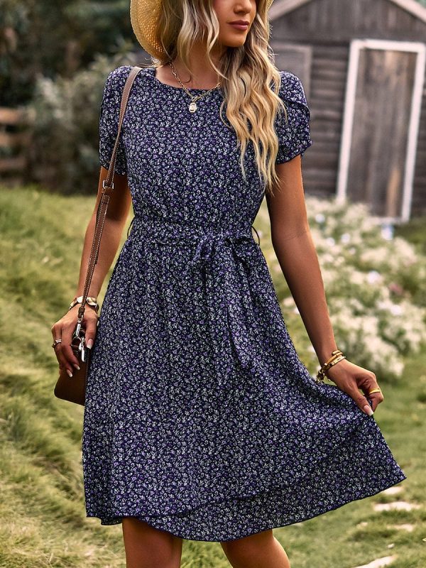 Temperament Floral Casual Strap Waist Round Neck Mini Dress - Image 36