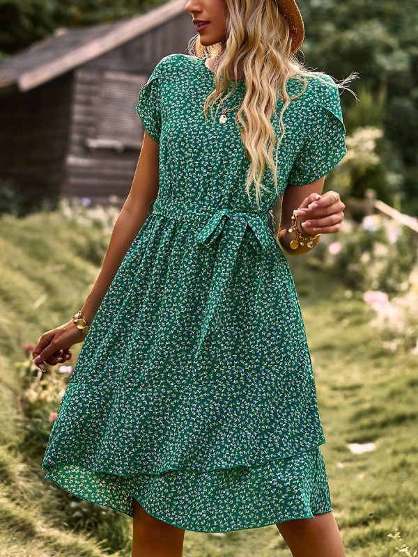 Temperament Floral Casual Strap Waist Round Neck Mini Dress - Image 40