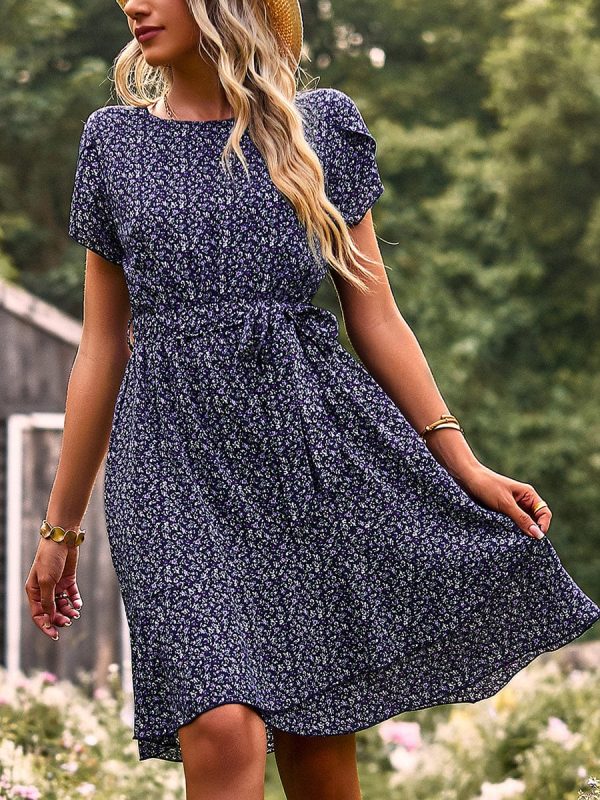 Temperament Floral Casual Strap Waist Round Neck Mini Dress - Image 34