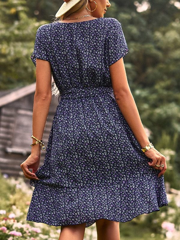Temperament Floral Casual Strap Waist Round Neck Mini Dress - Image 32