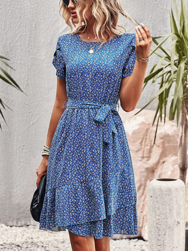Temperament Floral Casual Strap Waist Round Neck Mini Dress - Image 28