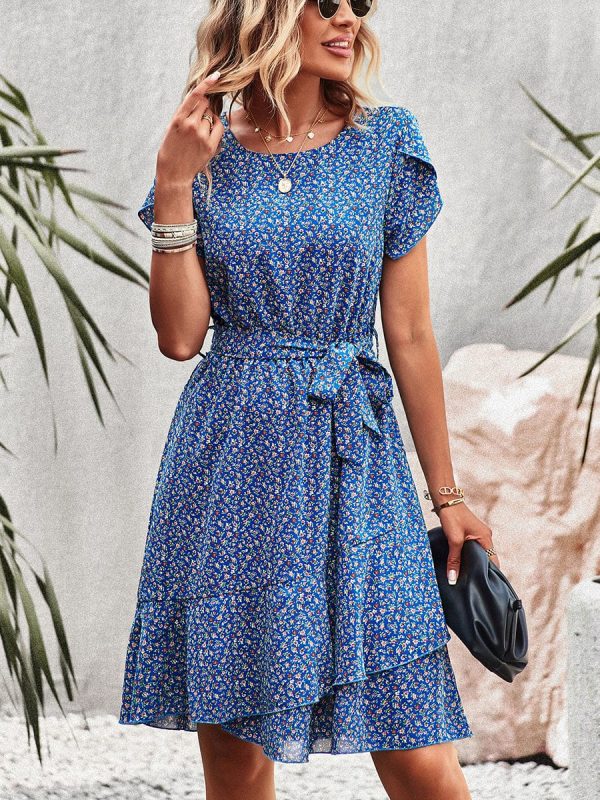 Temperament Floral Casual Strap Waist Round Neck Mini Dress - Image 26