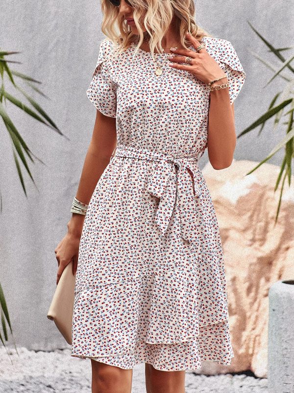 Temperament Floral Casual Strap Waist Round Neck Mini Dress - Image 8