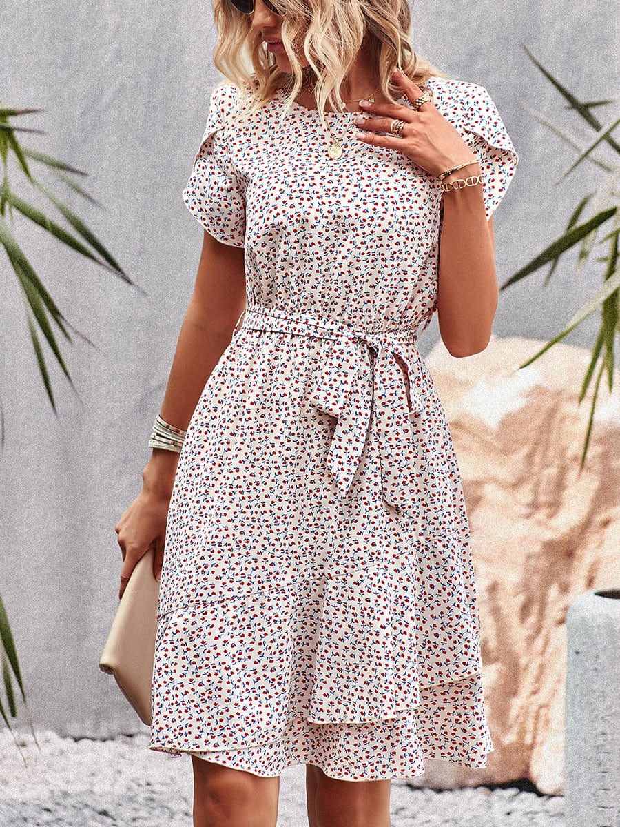 Temperament Floral Casual Strap Waist Round Neck Mini Dress - Image 8